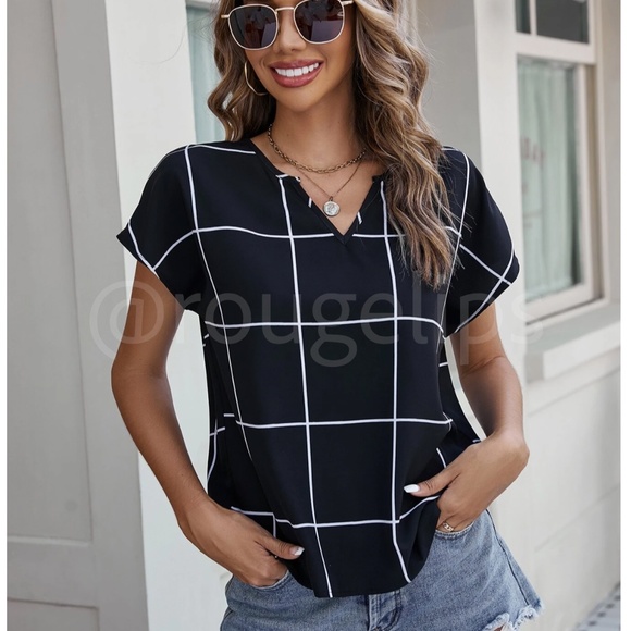 Rouge! Tops - Grid Check Black Blouse Tee Shirt Top